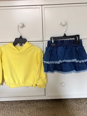 Habitual Yellow Hoodie with Blue Denim Tiered Skirt